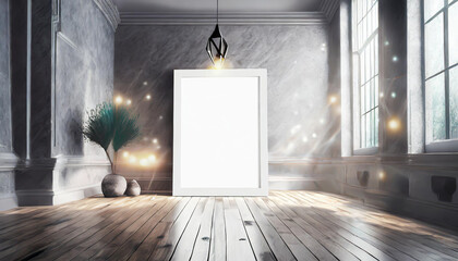 White poster on floor with blank frame mockup for you design. Layout mockup good use for your design preview.