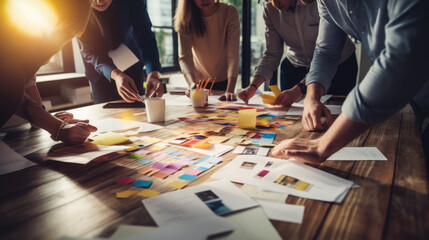Wall Mural - group of professionals collaborating over a table filled with various papers, post-it notes