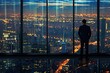 An executive pausing to reflect with a cityscape view from a skyscraper office