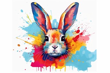 Colorful rabbit portrait, creative watercolor illustration with splashes of bright colors. 