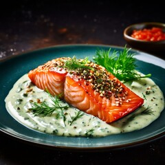 Wall Mural - Salmon in white sauce with herbs