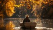 Fisherman in an Old Boat, Serenely Fishing on a River Amidst Autumn Foliage and Golden Sunlight