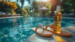 © Avve Diana - A bottle of sunscreen and a slipper are seen near a swimming pool at a luxury hotel. This is a concept of summer travel, vacation, holiday, and weekend travel.