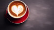 Beautiful cup of cappuccino with trendy heart shape latte art. Summer loft cafe. Old rustik wooden background. celebrating Valentine's day or romantic date, top view