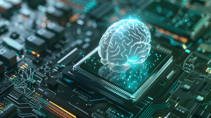 AI technology or artificial intelligence that has become a part of human life, AI helps humans work more easily, hologram brain floating out from microchip, neural network concept