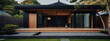 Japanese minimalist villa exterior featuring a main entrance door, black panel walls, timber wood lining, and a beautifully designed backyard landscape.