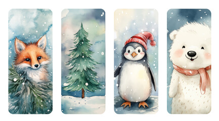 Wall Mural - Watercolor set of Christmas gift tags with fox, pine tree, penguin and polar bear isolated on white background.