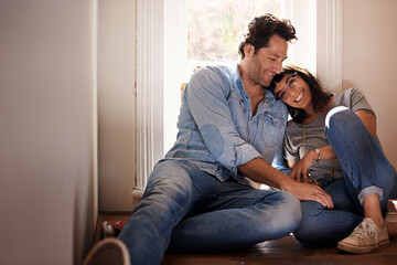 Poster - Floor, relax or happy couple laughing in home living room in conversation and speaking together. Man, funny woman or romantic people in apartment or house talking with love, support or joke humor