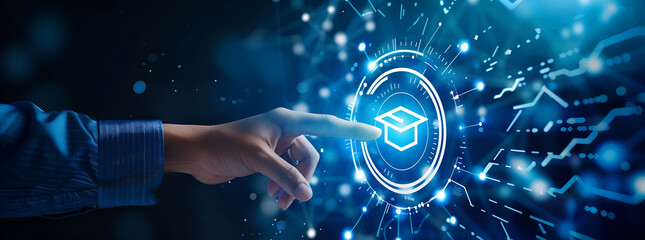 Businessman touching a virtual screen with a graduation hat icon over a blue background for an online education and business training concept, digital learning