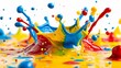 Colorful paint splashes on a white background, vibrant color splashes forming a crown shape, with red, blue and yellow colors,