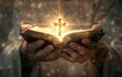 hands holding cross with holy light, bible open in front of them Generative AI