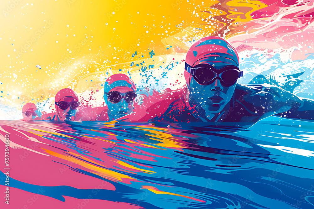 Competitive swimmers surge through water in a dynamic freestyle race ...