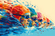 Competitive swimmers surge through water in a dynamic freestyle race, captured in a burst of vivid