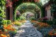 a European-style garden, with manicured hedges, colorful blooms, and charming pathways, captured in ultra HD 16k detail.