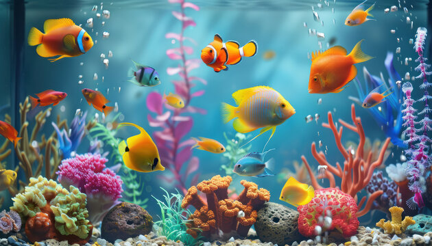 : tropical fish swimming in a home aquarium with coral decorations