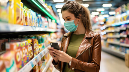 Wall Mural - Woman wearing a surgical mask while using her smartphone in a grocery store aisle.