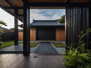 Main entrance door of a Japanese-style villa with black panel walls, timber wood lining, and a stunning landscape design in the backyard.