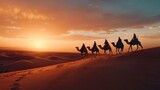 Fototapeta Zachód słońca - Silhouettes, people, riding camels in the desert, indigenous people, Tuareg, Arabic, African, Sahara, wildlife, tourist attractions, Dubai, Arabian tour, sunset