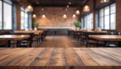 Lofty chill restaurant with wooden table and Depth of field , blurred background	
