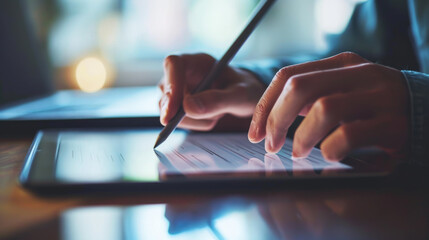 Canvas Print - Close-up of hands using a digital tablet with a stylus pen, with a blurred background