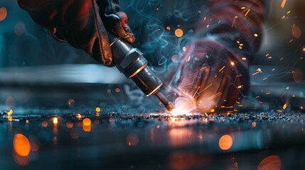 Wall Mural - Metalworker holding welding machine wearing gloves welding metal in factory.