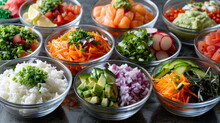 An Attractive Spread Of Poke Bowls Featuring Assorted Fresh Ingredients, Suitable For A Clean And Healthy Eating Plan