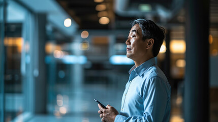 Canvas Print - Smiling man using a smartphone, texting or browsing, in a well-lit office space