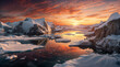 In Antarctica, snow mountains overlook icy waters with orange sky. Generative AI