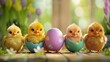Four fluffy chicks perch curiously beside painted Easter eggs, with a backdrop of soft spring light
