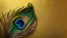Gold Background Peacock Feather. Feather Close Up.  Illustration With A Gold Peacock And Text Space. Suitable For Greeting Card, Banner, Flyer, Template, Wallpaper, Background, Book Illustration