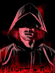 Canvas Print - Hacker boy with hood, power of programming. Cutting-edge technology, use of artificial intelligence to expand and speed up programming processes. Illegal acquisition of information. Sensitive data