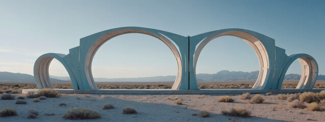 Wall Mural - Peaceful Pastel Landscape with Arching Structures, Product Display Platform, Calm Sky.