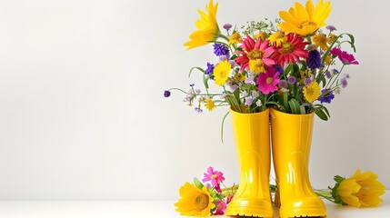 Poster - Bright yellow rain boots with colorful spring flowers inside. vibrant floral arrangement. cheerful home decor concept. fresh and playful style. AI