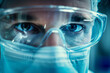 A focused healthcare professional wearing clear protective glasses and a surgical face mask