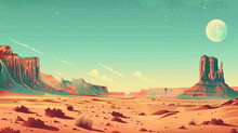 An Illustration Of A Desert Scene In America With A Retro Poster Style.