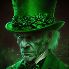 Sticker - Grim face of an elderly man in a green suit and green hat, cylinder on a dark green background. Green color symbol of St. Patrick's Day.