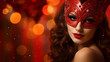 Portrait of sexy seductive woman with bright makeup and carnival red mask on red background with bokeh. Concept masquerade seductive female image. Venetian Carnival.