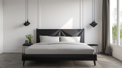 An elegant, minimalist bedroom featuring a matte black bedframe with a geometric headboard.