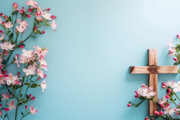 Wall Mural - Photo of a wooden cross and flowers on a light blue background, representing Christian worship for Easter celebration Generative AI