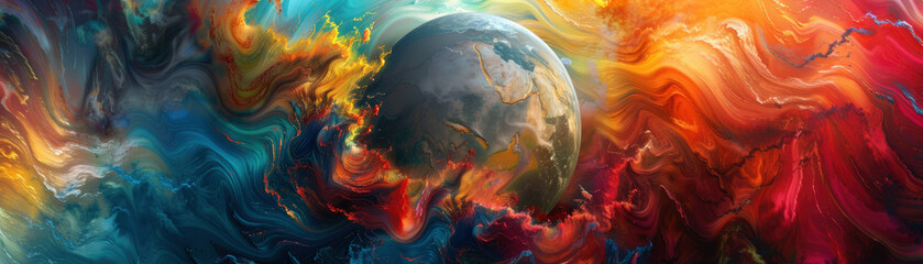 Sticker - A colorful painting of a planet with a blue and red swirl