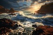 A cloudy sky above a rocky shoreline as waves crash against the rocks at sunset