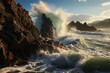 A massive water wave collides with jagged rocks along the natural shoreline