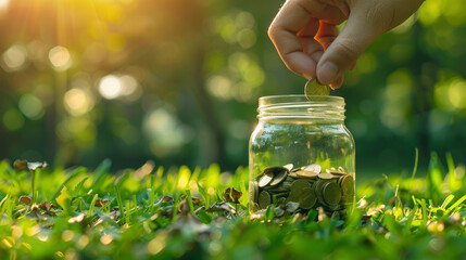 Wall Mural - A person is putting coins into a jar