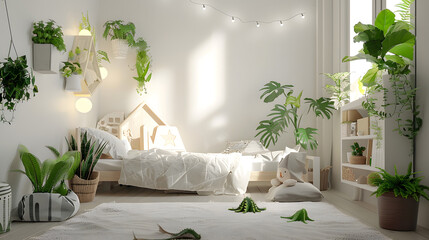 A bright and airy child's room decorated with a rustic wooden bed, playful toy accents, and thriving green plants