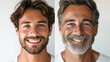 Side-by-side portraits of a joyful young man and a smiling elderly gentleman.