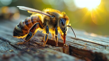 Wall Mural - A close-up of a tiny bee, wings glistening, hovering over the entrance of a rustic wooden beehive, with soft morning light casting a warm glow on the scene. 