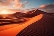 A sand dune in a desert ecoregion under the orange afterglow sky at sunset
