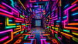 © Iqra - A photograph of a VR escape room with neon corridors and fragmented mirrors