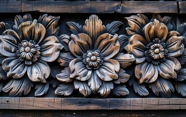 Wall Mural - Pattern of flower carved on wood background.