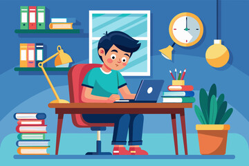 Wall Mural - person working on computer reading book vector art illustration